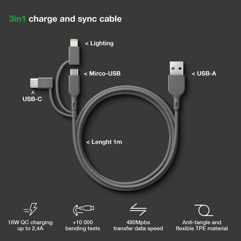 Latauskaapeli GP MicroUSB/Lightning/USB-C - 3